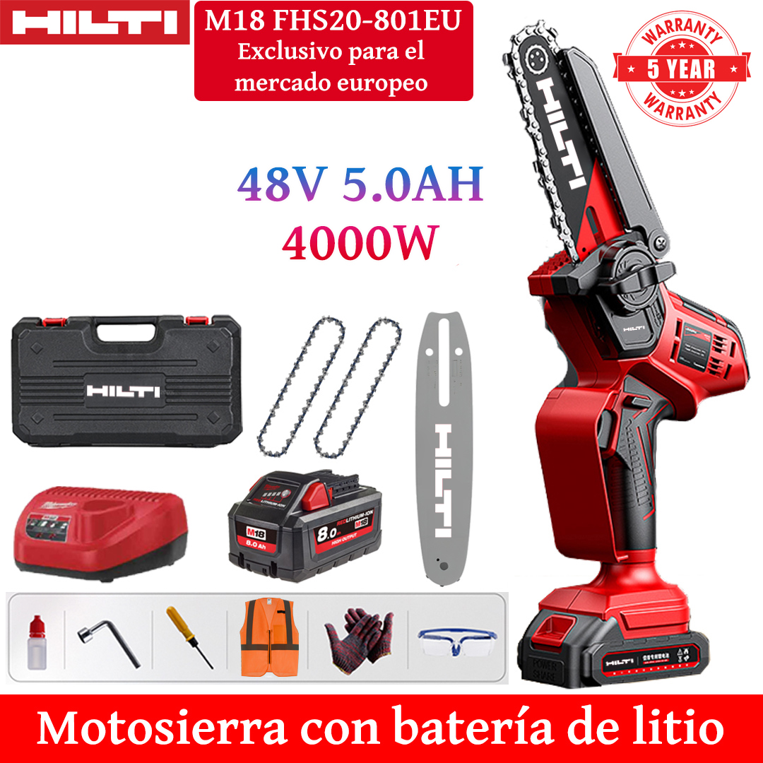 Motosierra eléctrica de litio de 8 pulgadas con potencia de 4000W, equipada con batería de 48V 5.0Ah*1, cargador, placa guía*1, cadena*2, caja de herramientas, aceite lubricante y vasos